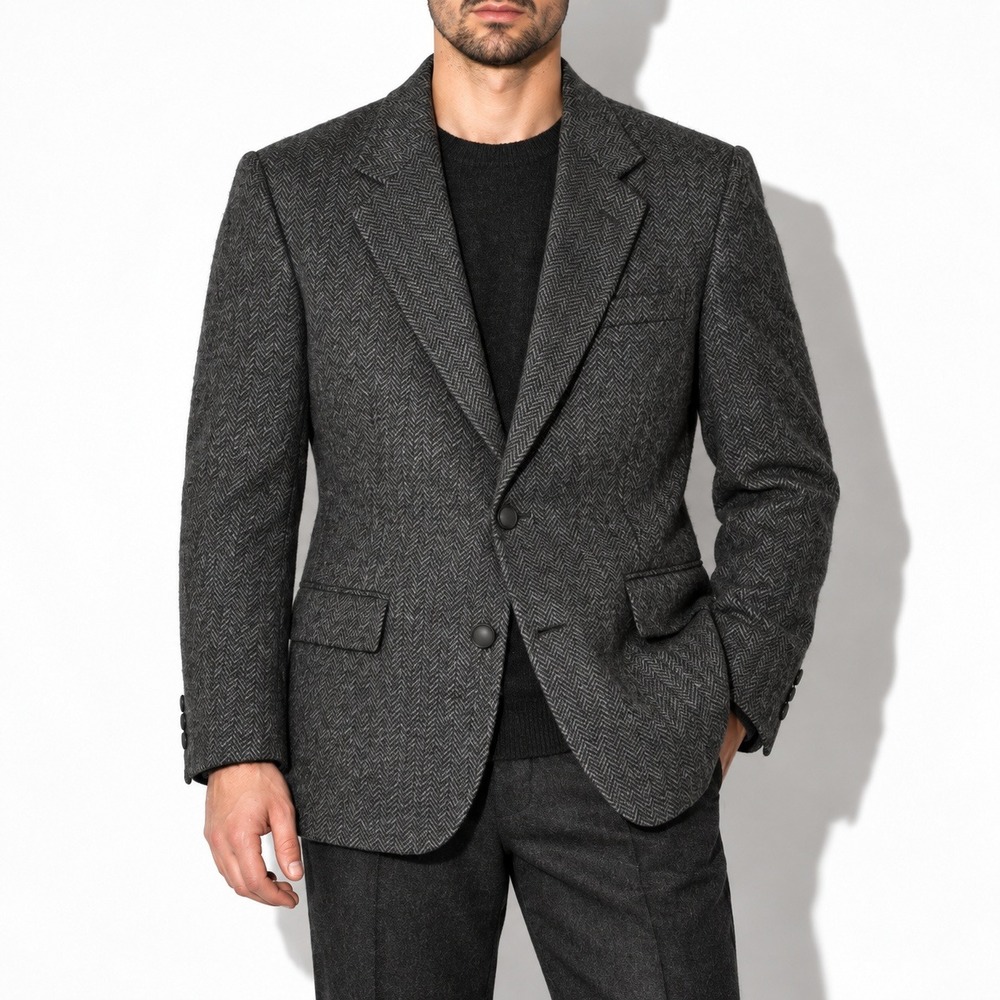 70s Vintage Herringbone Blazer Mens 40 Dark Gray Wool Sport Coat 2Button Haggar